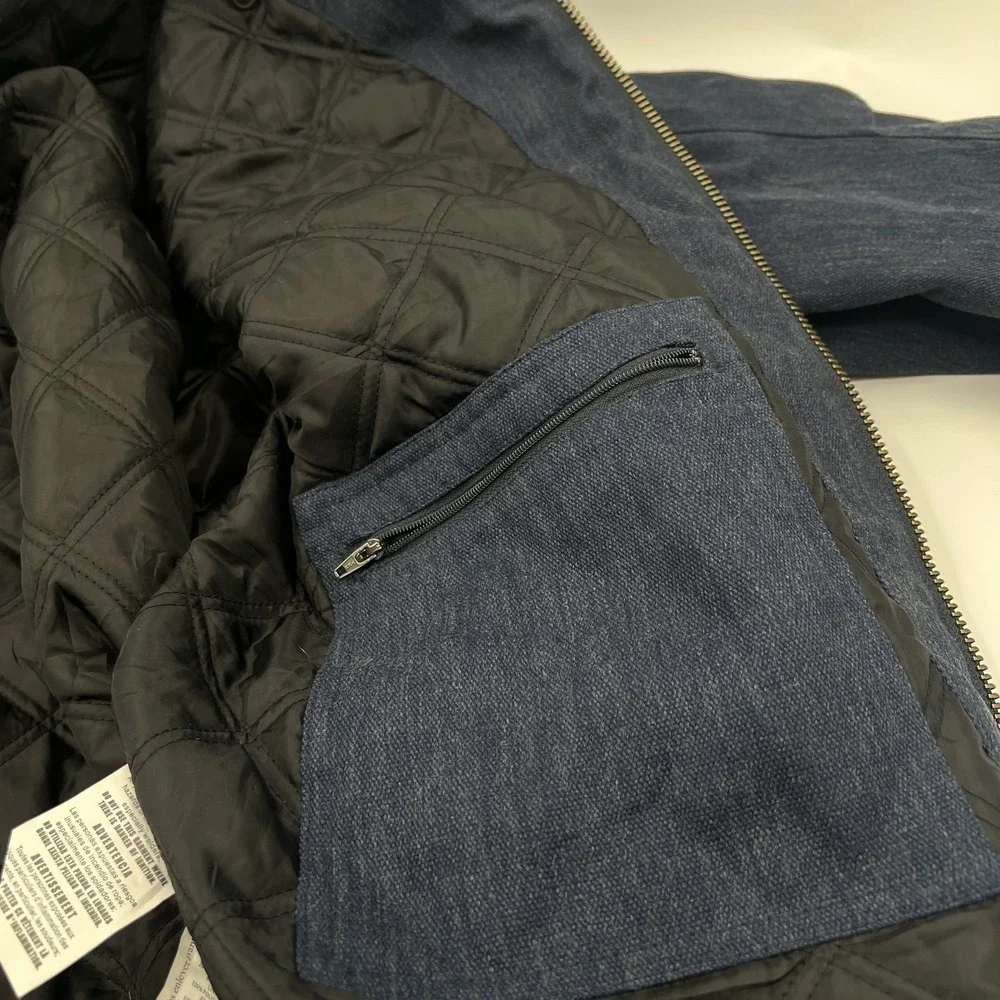 Walls Heavyweight Work Jacket Mens L Hooded Lined Quilted Pockets Navy Blue EUC